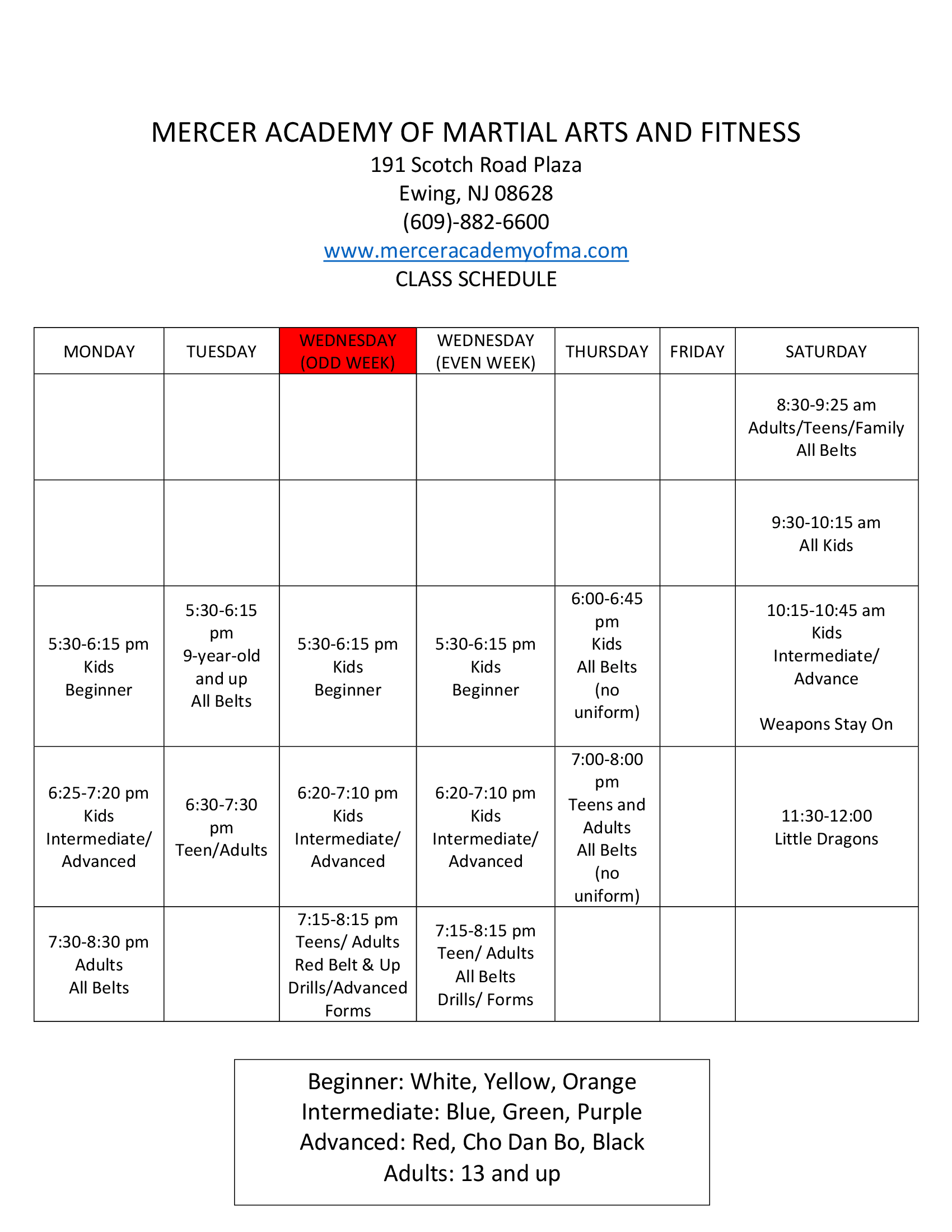 Class Schedule – Mercer Academy of Martial Arts